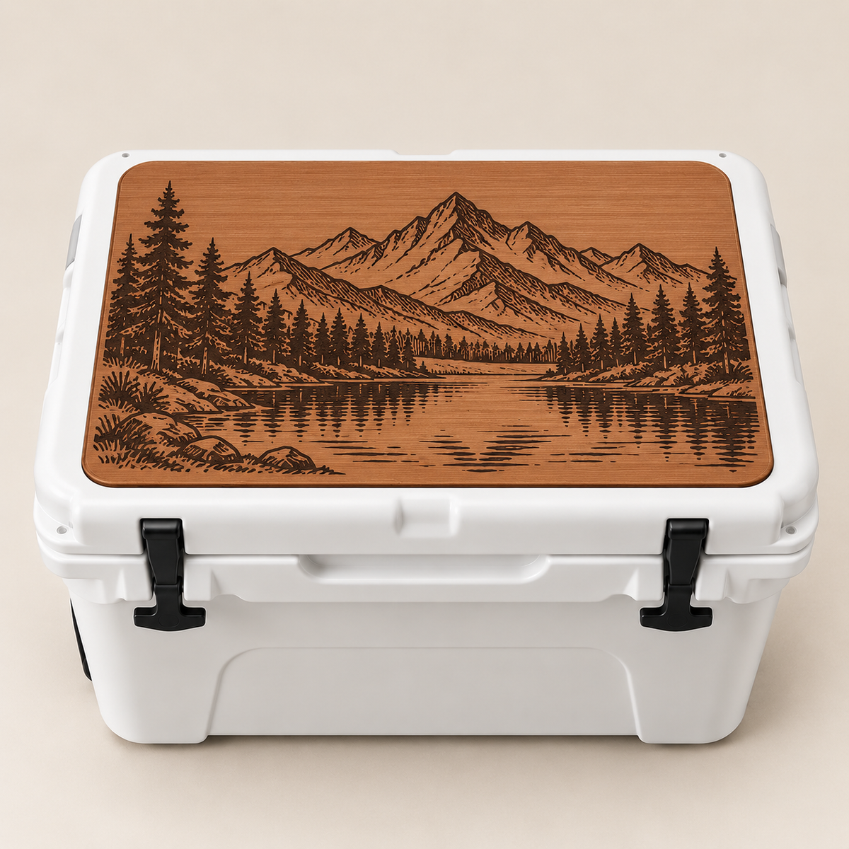 Outdoor Scene cooler top - buy as shown, mountain, lake and pine forest engraving