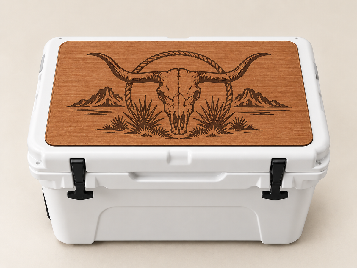 Western cooler top - buy as shown, longhorn skull and desert scene