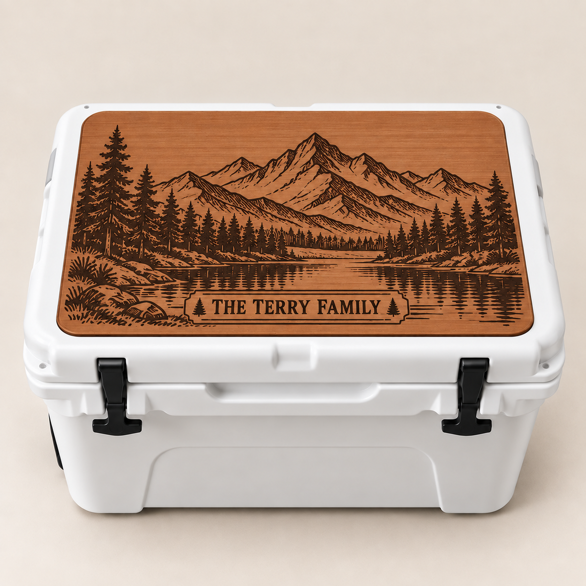 Outdoor Scene Cooler Top personalized with family name "The Terry Family" - mountain, lake, and pine forest engraving