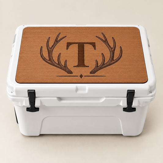 Clean name cooler top - single initial monogram with antlers