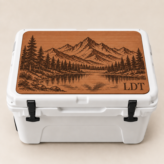 Outdoor Scene Cooler Top personalized with initials "LDT" - mountain, lake, and pine forest engraving