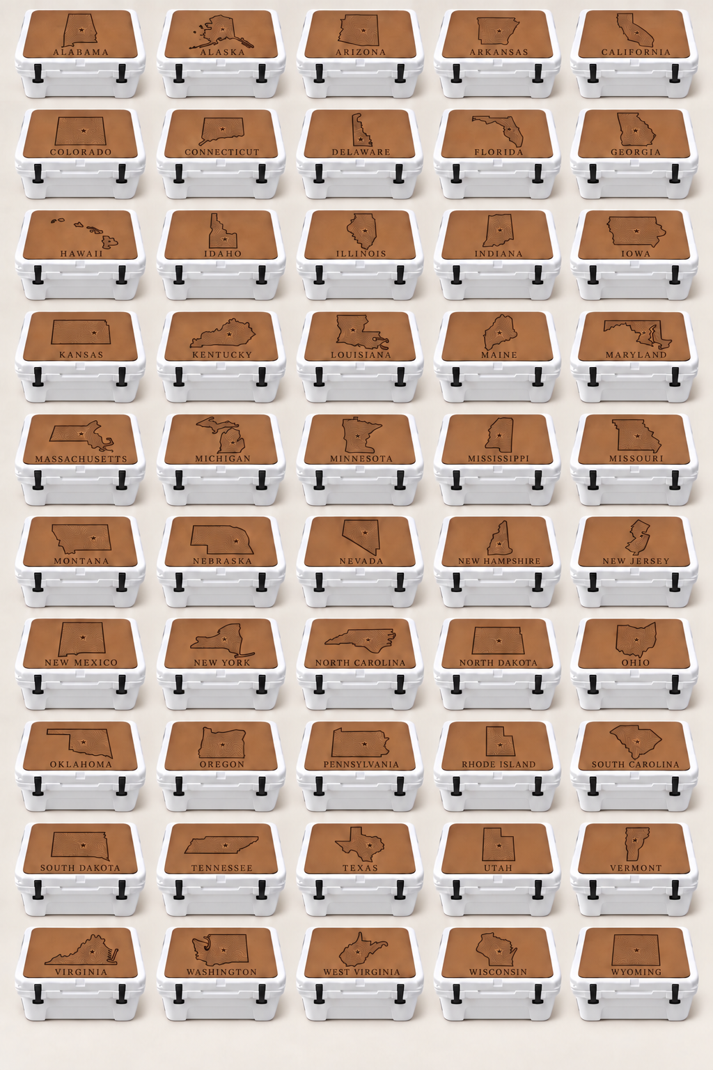 All 50 state outlines available on the State Pride cooler top, Alabama through Wyoming
